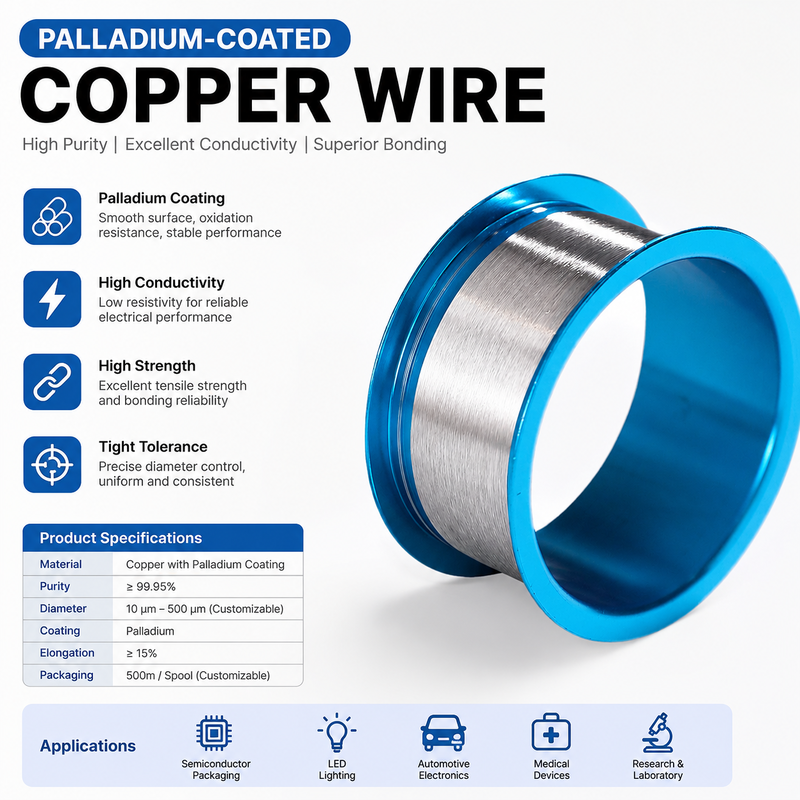 0.06mm Baja resistividad de cristal único Pd alambre de cobre de carga pesada alambre de componentes de semiconductores industriales